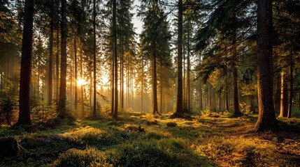 Fototapeta premium Stunning golden sunlight filters through tall trees in a peaceful forest, creating a vibrant and dynamic natural landscape backdrop