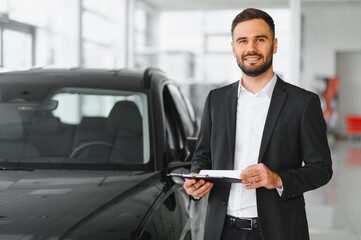 Car salesman smiling holding clipboard in dealership