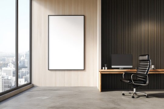 Modern office interior with large blank vertical frame, sleek desk setup and black leather chair overlooking the city, idea for workspace design presentations and professional branding mockups