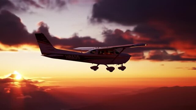 A small plane flies through a fiery sky at sunset, silhouetted against the clouds