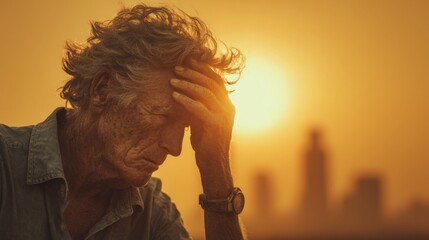 Elderly man standing under strong sunlight with city skyline background representing heat exposure and health research study