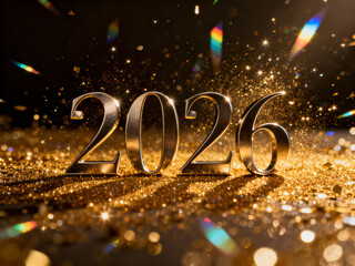 Luxurious Metallic 2026 on a Sparkling Gold Glitter Surface with Light Flares and Bokeh for Elegant New Year's Eve Celebration Background