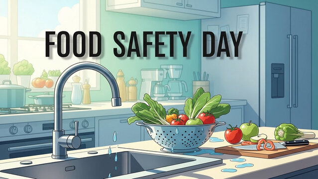 Bright vector scene: a clean kitchen workspace with washing station and fresh produce, ‘Food Safety Day’ typography.”