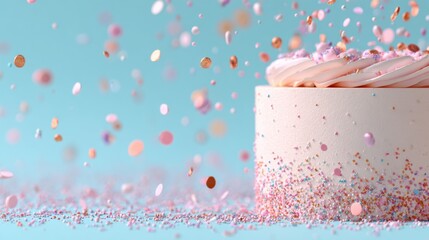 Colorful Birthday Cake Surrounded by Confetti in a Cheerful Celebration Scene