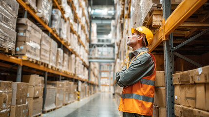 Warehouse worker in safety gear looking up at shelves full of boxes  