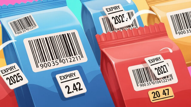 Cartoon animation of barcode labels and expiry date tags on food packages, neat and modern style.”