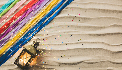 Celebrate Pride Month with a charming lantern and rainbow ribbons on a sandy beach, perfect for summer festivals and joyful celebrations