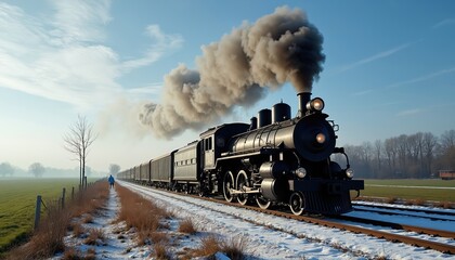 Black steam train travels on snowy rail tracks. Steam locomotive blows smoke in cold winter atmosphere. Man walks on rail path. Locomotive hauls cargo cars through rural landscape.