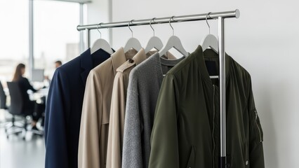 Clothing rack with diverse business attire in modern office environment