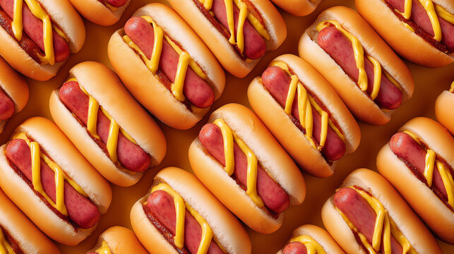 tiny hot dog bites with sausage pieces wrapped in soft buns, mustard drizzle on top, arranged in rows