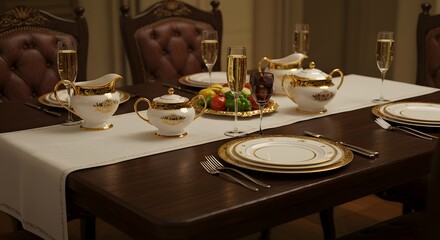 Formal dining table set with ornate china and champagne flutes