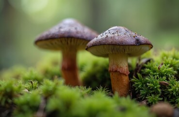 Two Xerocomellus chrysenteron mushrooms grow on moss in woodland. Edible fungi have brown caps, orange stems. Forest floor with moss carpet. Close up focus on mushroom details.