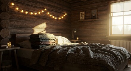 Warm bedroom interior with string lights and a bed on a snowy day