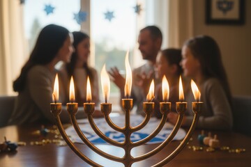 A glowing Hanukkah menorah with lit candles in focus. A family gathers in the background to celebrate the Jewish holiday of Chanukah