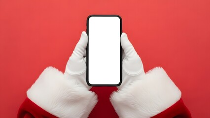 Santa claus hands in white glove holding modern smartphone with blank white screen against bright red background