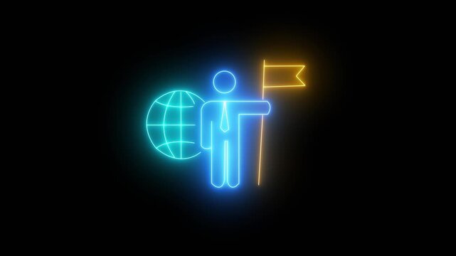 Navigation glowing neon line of businessman holding flag with global icon. Business concept of victory, success, goal achiever, planning, win, best worker, top employee and leadership.