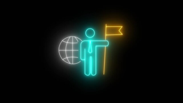 Navigation glowing neon line of businessman holding flag with global icon. Business concept of victory, success, goal achiever, planning, win, best worker, top employee and leadership.