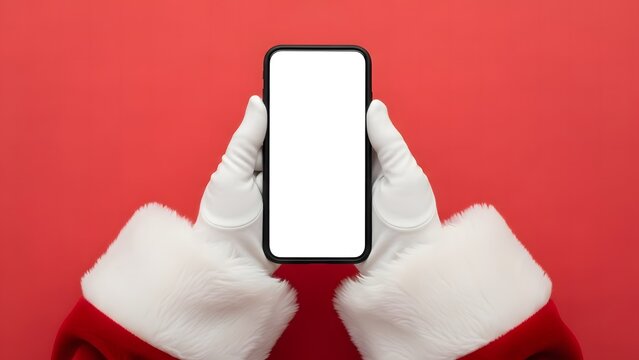 Santa claus hands in white glove holding modern smartphone with blank white screen against bright red background