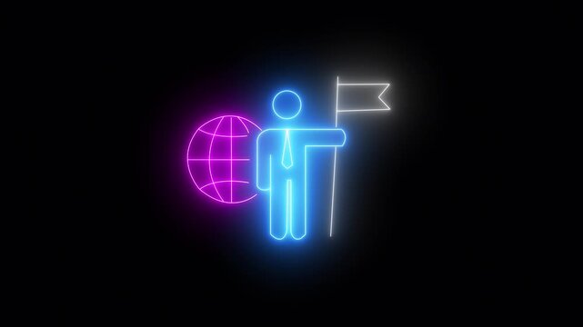 Navigation glowing neon line of businessman holding flag with global icon. Business concept of victory, success, goal achiever, planning, win, best worker, top employee and leadership.