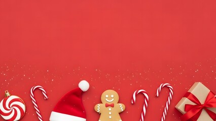 Flat lay of christmas holiday decoration with gingerbread man, santa hat, candy cane, and gift box on red background