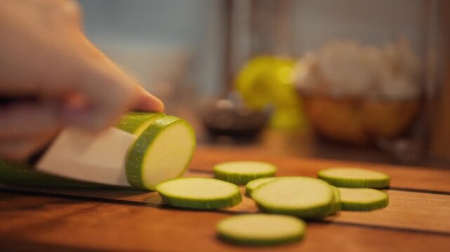In the evening, a person slices fresh green zucchini on a wooden cutting board in a cozy kitchen. The warm lighting creates a relaxed atmosphere perfect for meal preparation
