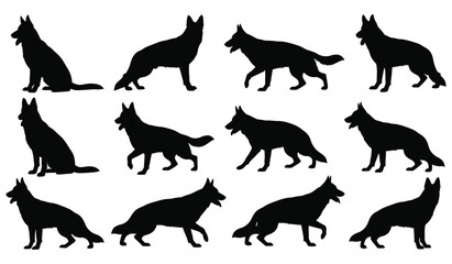German shepherd dog silhouettes in various poses on white background Vector