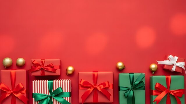 Top view of assorted christmas gift boxes wrapped in red and green paper with gold ornament decoration on red background - Powered by Adobe