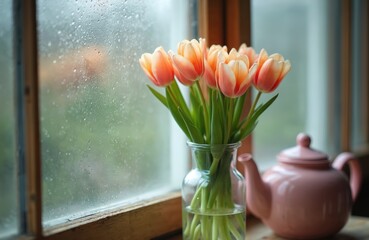 Fresh tulips bloom indoors next to pink teapot. Spring flowers stand on wooden sill with rain drops on window. Cozy home interior, soft light creates peaceful calm atmosphere.