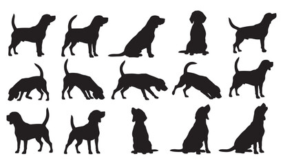 Beagle dog silhouettes in various positions and actions. vector set. Vector