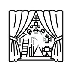 Stage with open curtains, revealing various lighting equipment and a ladder, representing theater production