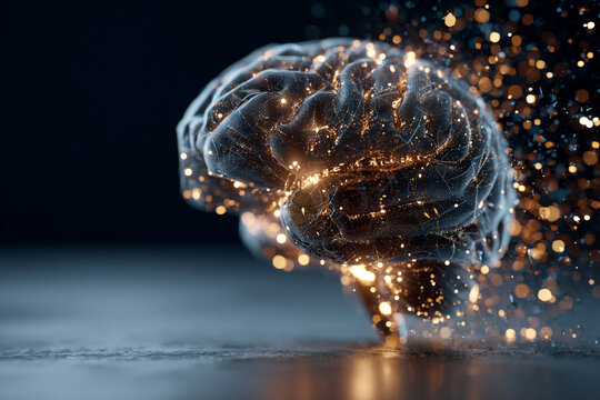 Digital concept of a human brain sparkling with light, representing memory, intelligence, and synapses firing. - Powered by Adobe
