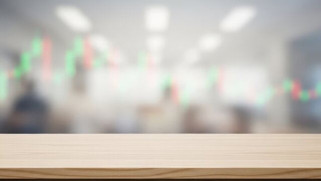 Empty wooden table in office with blurred background of rising graphs - Powered by Adobe