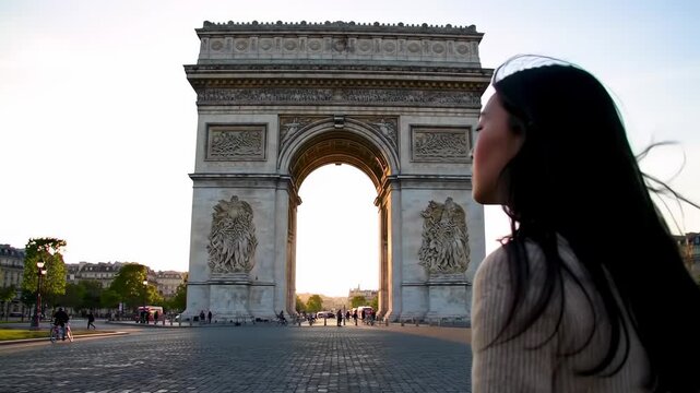 A woman gazes at the iconic arch in Paris against a pale sky with scattered people & buildings in background