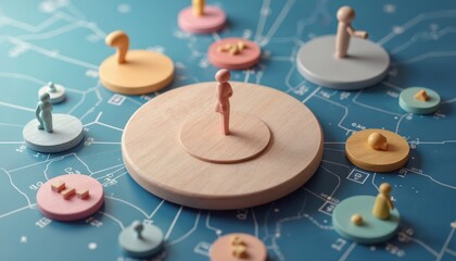 Abstract people figures stand on platforms across network diagram. Concept visualizes user data community connections, business organization. Represents social system with clear team structure