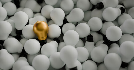 One Golden Light Bulb Surrounded by White Bulbs – Concept of Uniqueness and Outstanding Ideas