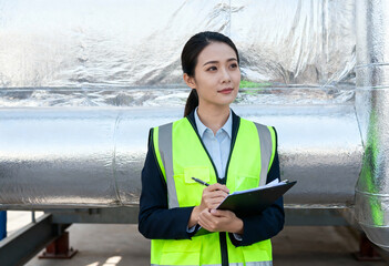 Asian female engineer in a safety vest inspecting an industrial plant. Professional woman worker with a clipboard checking equipment at a factory