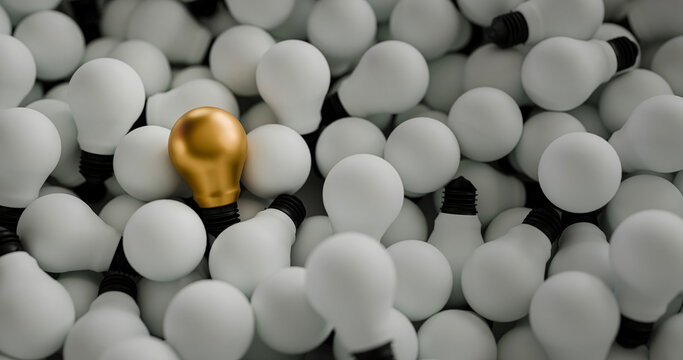 One Golden Light Bulb Surrounded by White Bulbs &ndash; Concept of Uniqueness and Outstanding Ideas