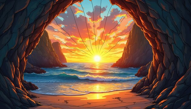 Vibrant stylized sunset over ocean panorama seen from dark cave mouth. Orange sun dips into sea, illuminating water waves, sandy beach with golden light. Steep jagged rock cliffs frame scenic horizon - Powered by Adobe