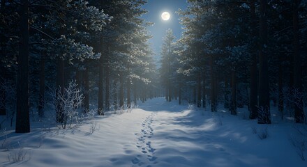 Footprints in snow on a path through a moonlit winter forest