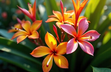 Fototapeta premium Bright plumeria flowers bloom in tropical garden. Orange and pink blossoms open petals with yellow centers. Green leaves form rich background. Close up view.