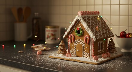 Gingerbread house with lights and candy on a counter