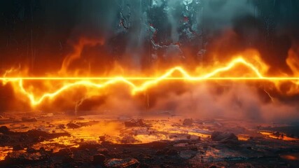 Abstract fiery energy landscape featuring vibrant waves of electric light and rocky terrain with a