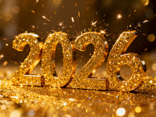 Bold 3D Gold Glitter 2026 with Rising Sparks and Bokeh Lights for a Festive and Luxurious New Year's Eve Celebration Background