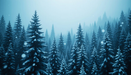 Misty winter forest with snow falling on evergreen trees