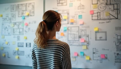 Woman studies sketches, sticky notes on wall. Female designer researches architectural plan blueprint. Person looks at creative project development. Business woman brainstorming ideas for interior