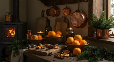 Rustic kitchen scene with oranges, spices, and a fireplace