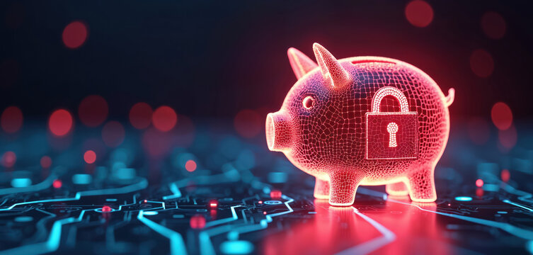 Glowing piggy bank with lock on circuit board shows financial security. Digital lock represents money protection. Banking system safety concept. Saving, investing, payment privacy technologies