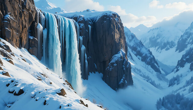 Majestic frozen waterfall in a snowy mountain landscape - Powered by Adobe