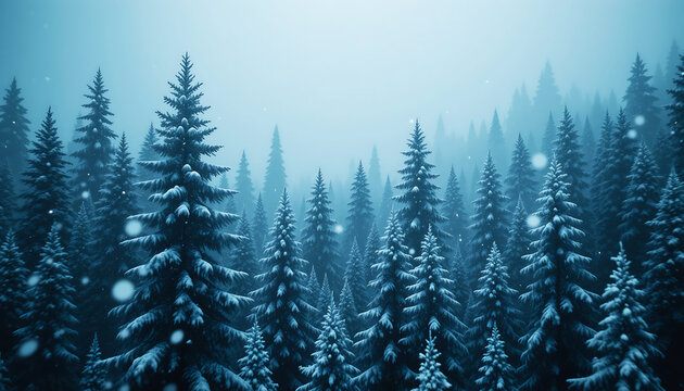 Misty winter forest with snow falling on evergreen trees - Powered by Adobe