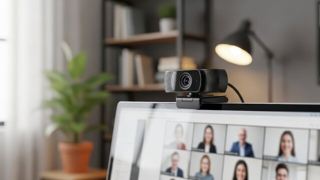 Webcam on monitor in home office for virtual meetings